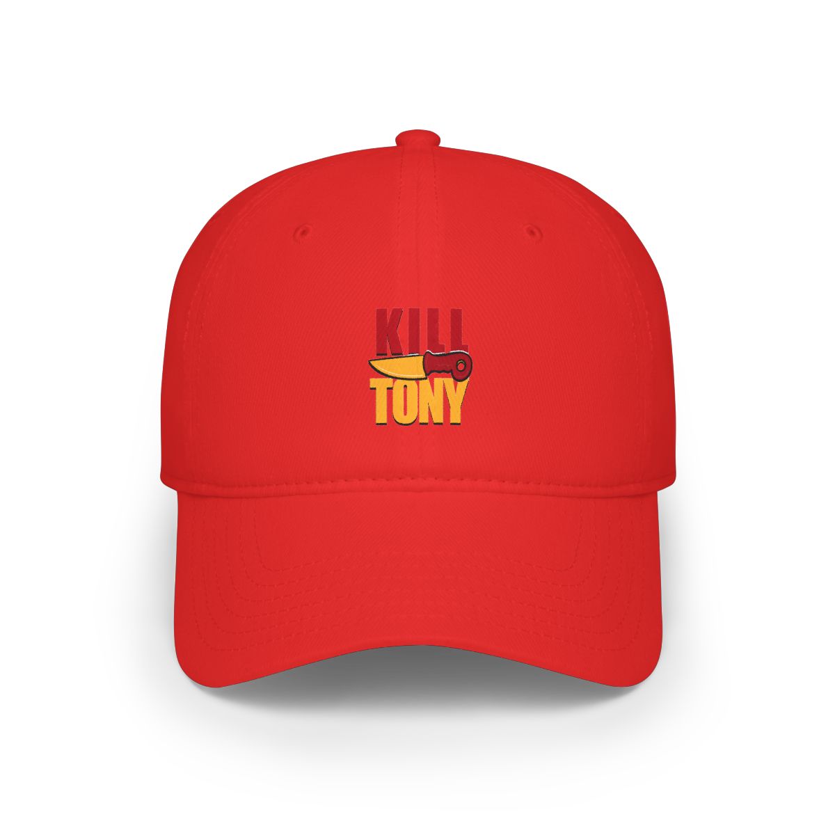 Kill Tony Cartoon Knife Design In Red And Yellow Outlined Hat